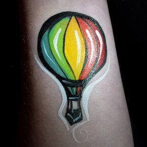 A colorful hot air balloon face paint desgn