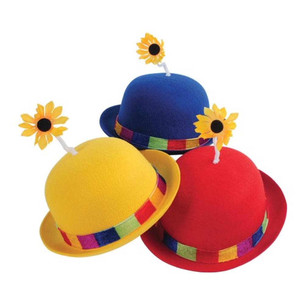 French Clown Bowler Derby Hat with Daisy (RYB) - 3/Pack