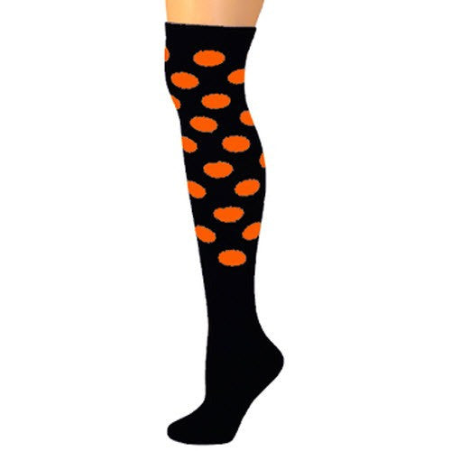Polka Dot Knee Socks - Black w/ Neon Orange Dots