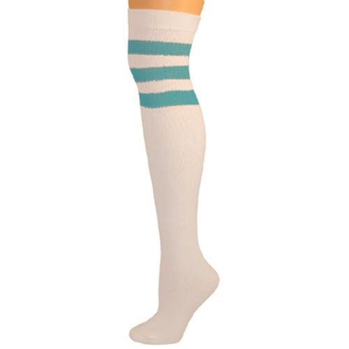 Retro Tube Socks - White w/ Turquoise (Over Knee)