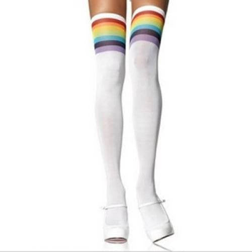 Striped Thigh Highs - White with Rainbow